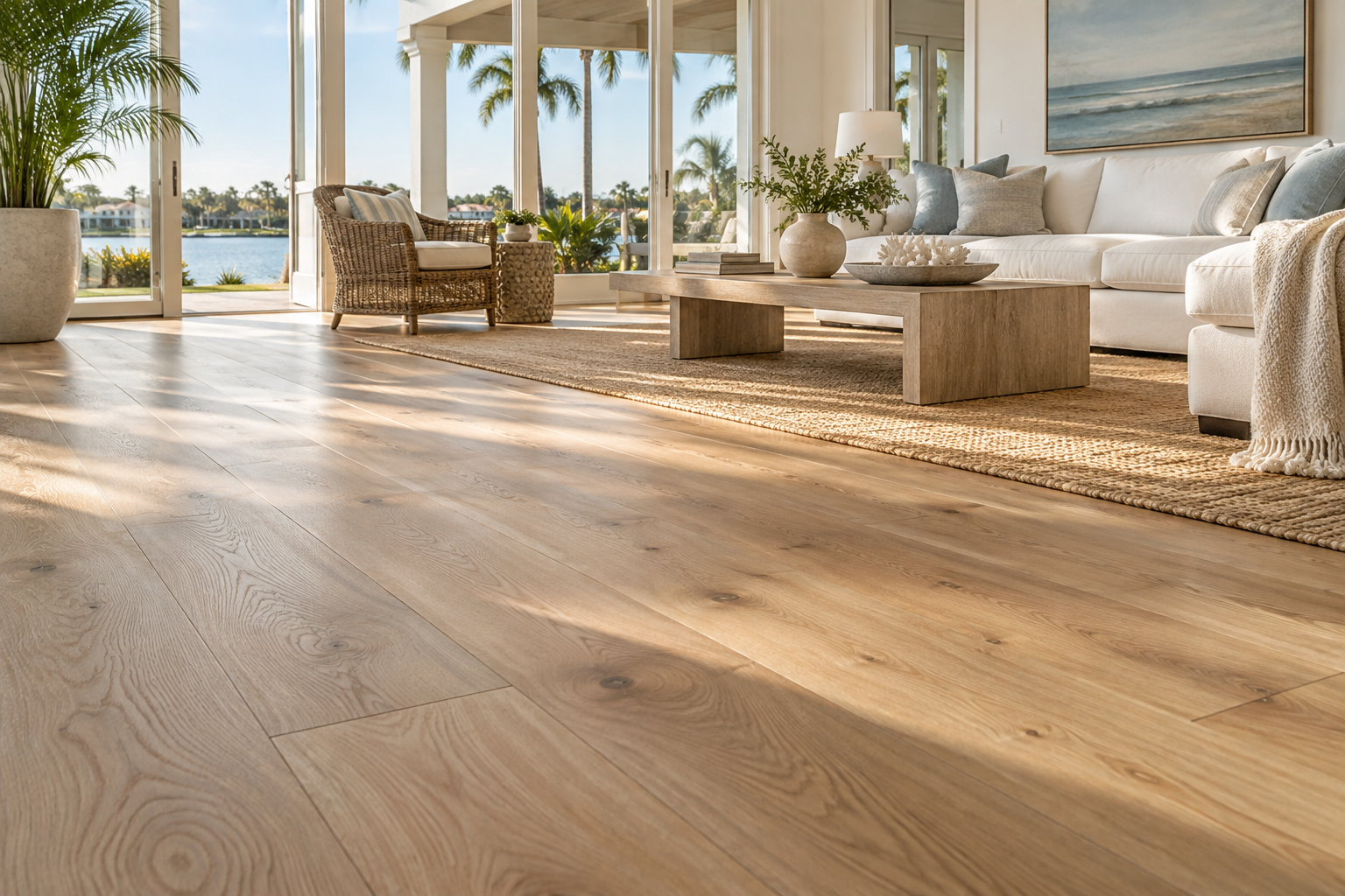 Sunlit living room with warm oak flooring and a light, coastal interior