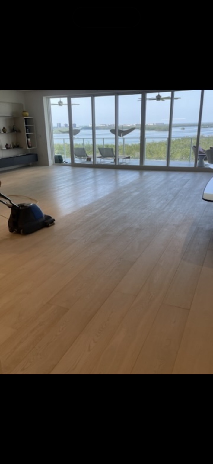 Hardwood deep cleaning in a waterfront living room